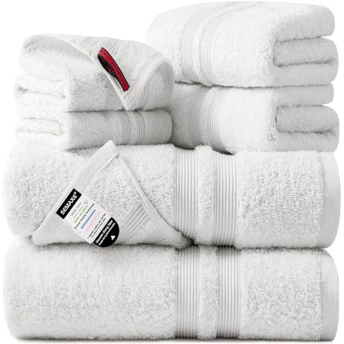SEMAXE 6 Stück 100% Baumwolle Plüsch Badetücher Set, 2 Badetücher, 2 Handtücher und 2 Waschlappen, 600 GSM gekämmte Baumwolle Handtücher für Badezimmer, Hotel, Fitnessstudio und Spa, Weiß