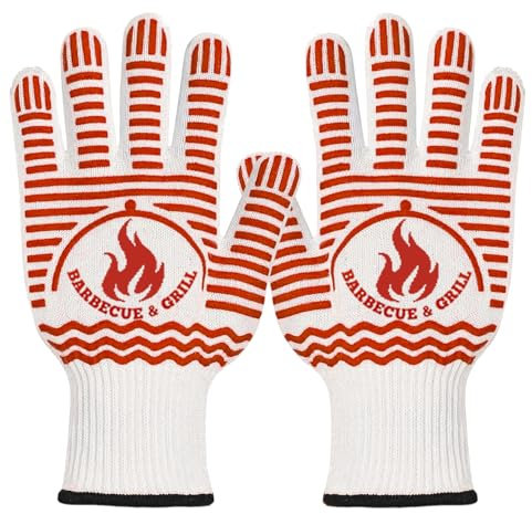 Oven Gloves BBQ Gloves, Xndryan 250°C Heat Resistant Gloves Oven Gloves with Fingers Barbecue Gloves Oven Mitts Non-Slip Heat Proof Gloves for Grilling, Baking, Cooking - Red