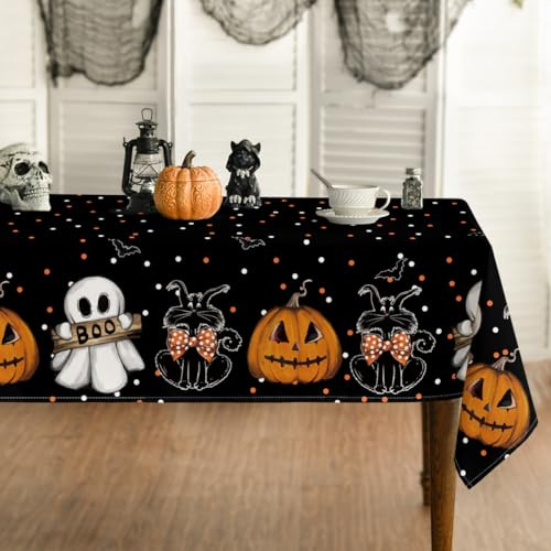 Artoid Mode Pumpkins Ghost Bow Tie Cats Halloween Table Cloth 140x110 cm | Seasonal Polka Dot Rectangular Table Cover Protector For Party Home Table Decorations