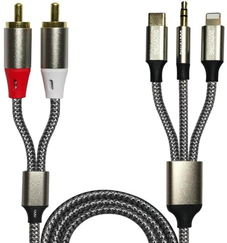 DUOYUTING 3 in 1 Audio Cable, iOS Phone/3.5mm AUX/USB C to 2 RCA,Stereo Audio Adapter for iPhone/Type C Phone/AUX to Amplifier/Sound Box & Home Theater etc.4.2FT