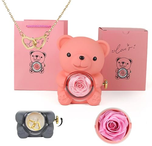 Engraved Heart Necklace - with Real Rose Bear Giftbox, Preserved Rose Hug Bear Gifts for Women with Heart Necklace, Flip bear jewelry box Gift for Women Anniversary Valentines Day (Pink/1pcs)