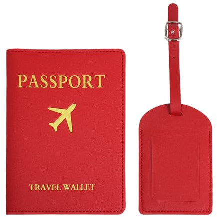 YMWALK Porta Passaporto e Etichette per Valigie, Custodia per Passaporto, Porta Carte di Credito e Documenti da Viaggio in Pelle PU, Set Accessori per Viaggi d'Affari (Rosso)