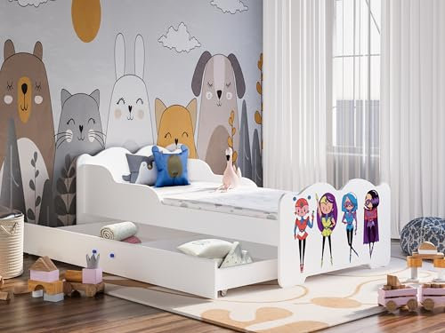 Happy Babies Kinderbett Bianco Kinderbett mit Rausfallschutz und Bettschublade Bett für Mädchen 140x70 mit Matratze 70 x 140 Weiß Prinzessin (Motiv 1)