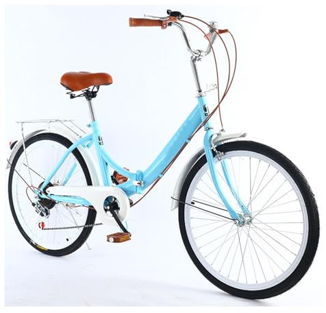 VHVYWY 24 Zoll Klapprad Für Erwachsene, Damenfahrrad Citybike, Damen Männlich Cityräder Retro Citybike 7 Gang mit Rücklicht und Autokorb Blue