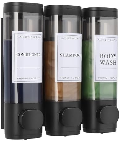 3 Chamber Wall Mounted Shampoo and Conditioner Dispenser - No Drill Shower Soap and Body Wash for Bathroom, Hotel, Kitchen - 3 * 300ML, Black