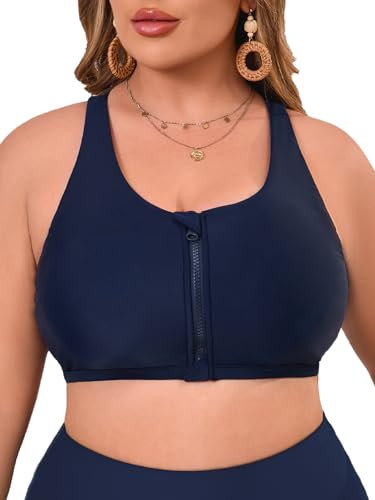 Aderea Women's Sports Bra Bikini Top for Large Bust Racerback Swim Bras Zipper in Front Bathing Suit Top Swimsuit Tops Only, Navy Blue, XL