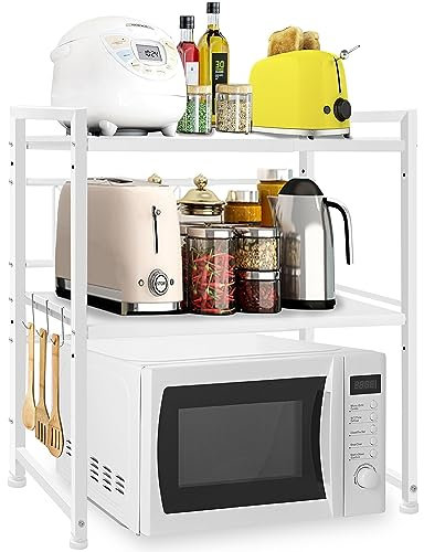 OUUTMEE Étagère à micro-ondes à 3 niveaux - Blanc - Étagère à micro-ondes réglable en hauteur en acier au carbone - Organiseur de table de cuisine pliable pour grille-pain, serviettes