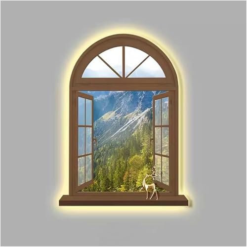 Paesaggio Murale Lampada da parete, Sculture da parete Arte da appendere alla parete con luce a LED, cornice di finestra finta Vista della luce del sole sul paesaggio collinare, decorazioni Lampada Pi