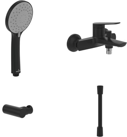 Villeroy & Boch Oasis Badewannenarmaturen-Set Aufputz (4 in 1 Bundle), Wannenarmatur inkl. Armatur, Handbrause, Handbrauseschlauch und Handbrausehalter, Matt Black