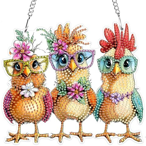 MXJSUA 5D Diamond Painting Anhänger, 3 Niedliche Hühner Diamond Painting mit Kette Erwachsene, Diamant Painting Fensterbilder, Hängende Ornament Bastelset Set für Wand Und Eingang Decor