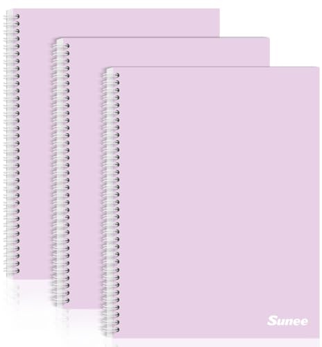 SUNEE A4 Notebook, Pack of 3 Notepads, Wirebound Notebooks, 80gsm Premium Paper, 100 Sheets / 200 Pages, 8mm Lined with Margin, 4-Hole Punched and Perforated Edge, Light Purple