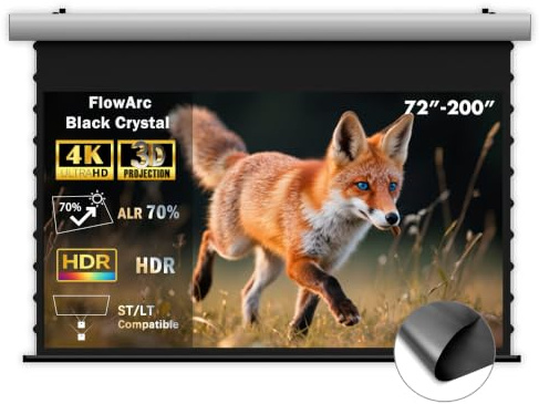 WUPRO FlowArc Projector Screen Pull Down 110 Inch, Motorized Electric Drop Down, Black Crystal 4K ALR Screen, Wall & Ceiling Mount, Compatible with ST/LT Projectors (Non-UST), For Ambient Light Rooms