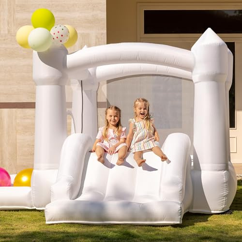 Outfunny White Bounce House, Indoor Bouncy House for Kids 3-6 with Ball Pit, Slide, Bounce Area 6.5'x6.5', Capacity 300 lb