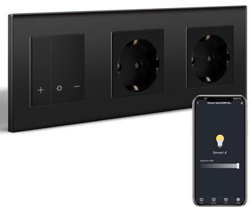BSEEDLIFE Smart WIFI Dimmschalter mit Normal Steckdose, Schuko Steckdose*2+Dimmer Schalter*1, Kompatibel mit Alexa/Google Home, Unterputz Dimmbar Taste Schalter, Schwarz