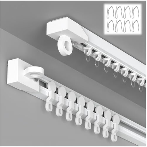 Selbstklebende Vorhangschiene für Decke und Wand, 0.4 m - 6.1 m Gardinenschiene ohne Bohren mit stummen Rollen, ideal für Duschvorhänge, Raumteiler, Wohnmobile, Schränke(Weiß Deckenmontage,2m)