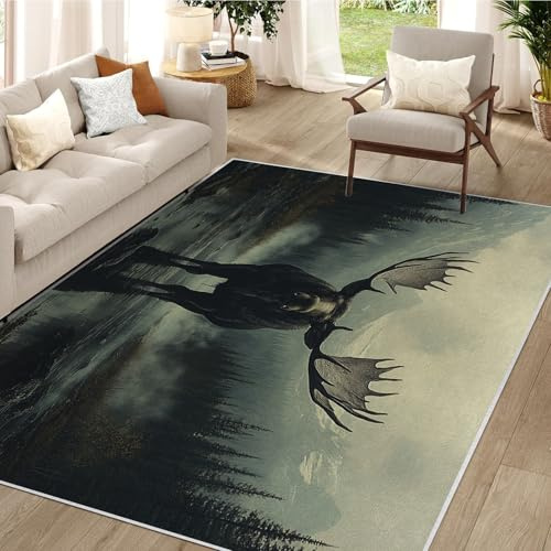Waschbarer Kurzflor-Teppich 160x200 - Elch Wald Teppiche - Vintage Outdoor Landhausstil Kunst Dünn Saugfähig Carpet Für Wohnzimmer Schlafzimmer Jugendzimmer Jungen Mädchen Oder Als Bettvorleger QY9