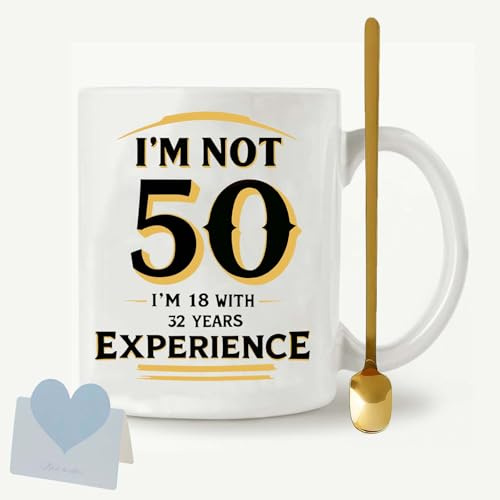 JOUWOTM 50th Birthday Ceramic Mug 11oz 18 with 32 Years Experience | mug with metal spoon Microwave & dishwasher safe Funny 50th birthday mug for women, men, mom, dad, or any loved one.