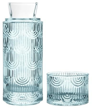 Set di Caraffa in Vetro Per Comodino, Con Tazza, Caraffa d'Acqua da Notte, con Bicchiere di Vetro,630Ml, per Comodino, Camera da Letto, Bagno (Azzurro)