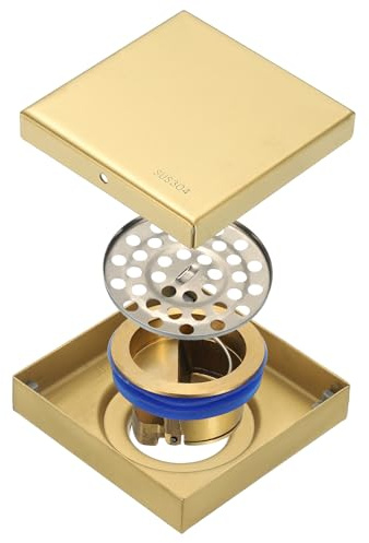 QUARKZMAN Desagüe De Ducha Antiolores, 4 Pulgadas Acero Inoxidable 304 Cuadrado Previene Reflujo Anti-Olor Rejilla De Piso Captador De Cabello para Baño Cocina Y Cuarto De Lavado, Dorado