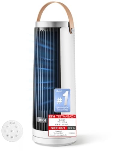 Levoit Windi Mini 20dB leiser DC Turmventilator, platzsparend kleine Räume | 5 Windstufen, 90° Oszillation Ventilator für kleine Räume, 12Std Timer & Fernbedienung für Schreibtisch und Schlafzimmer