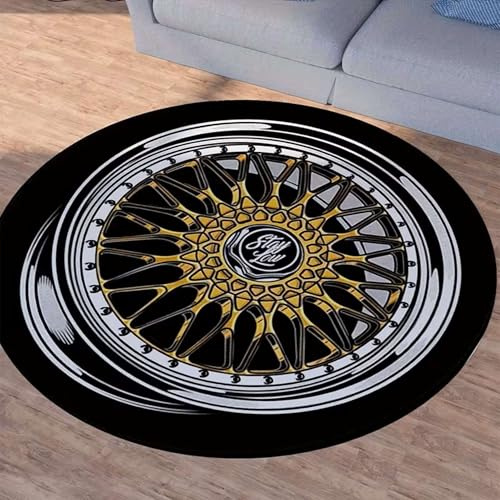 SOJAWA Autofelge Runder Teppich Auto Tuning Motiv Design, Waschbar Antirutsch Kurzflor Teppich für Wohnzimmer Garage Spielezimmer, Dekorativer Boden Teppichs für Auto-Liebhaber Schwarz 100cm Runde
