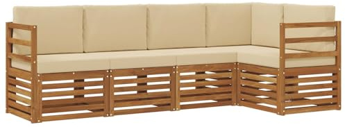 vidaXL Sofagarnituren 5 pcs Natur und Beige Massivholz Akazie, Garten-Sofa, modernes Outdoor-Möbel, robuster Lounge-Satz, Bequeme Terrasse-Sitzmöbel für Dein Zuhause