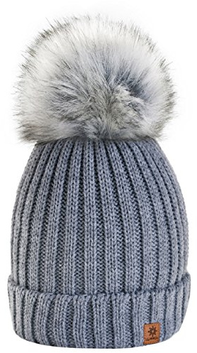 4sold Kinder Mütze Kleinkind Beanie Bobble Hat Baumwollfutter Kunstpelz Ball Pom Pom Cap Unisex Mädchen & Jungen Kinder Winter Strickmütze Bommelmütze Wurm