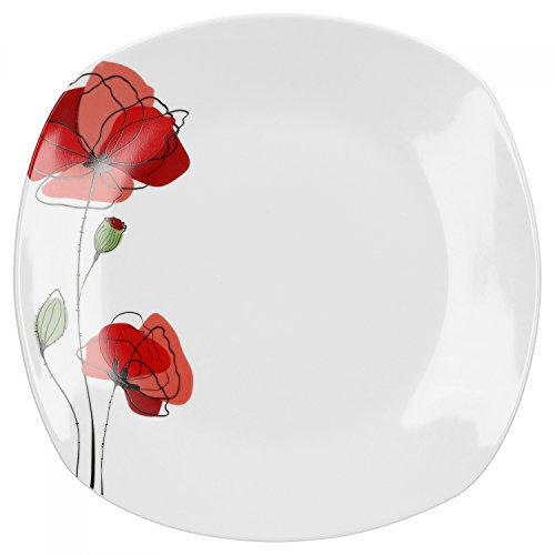 Van Well Assiette plate Monika | 255 x 255 mm | Assiette de menu | Grande assiette de service | Coquelicot rouge | Vaisselle élégante en porcelaine | Gastronomie