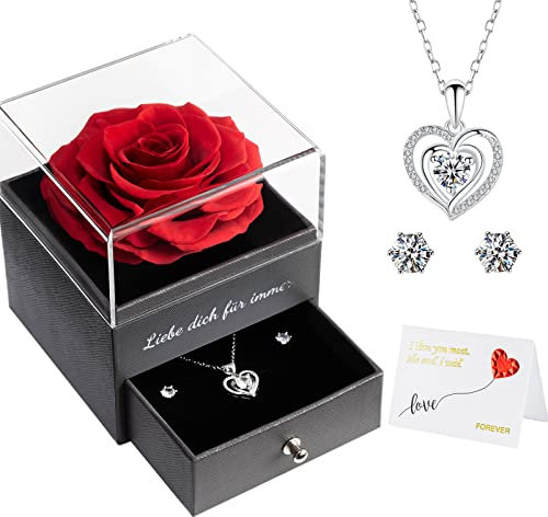 Miofula Ewige Echte Rose Geschenke für Frauen, Infinity Rosenbox mit Herz Halskette und Ohrringe aus 925 Sterlingsilber, Geschenkebox für Mama, Frau zum Muttertag Geburtstag Weihnachten Valentinstag