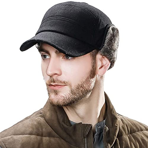 Comhats Warme Wolle Baseballkappe Winter Ohrschutz Schirmmütze Herren Schwarz 60CM