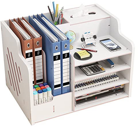 Updated Wooden Desk Organiser, Large Capacity Desk Tidy Storage Holder Sorter DIY Office Supplies Storage Box for A4 Papers, Books, Document and Notebook (JB07 White Maple)