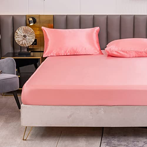 Satin Spannbettlaken Einfarbig 180x200 cm für Matratzen bis 30cm, Betttuch Leintuch Weiche Polyester-Satin Spannbetttuch Bettlaken Rosa