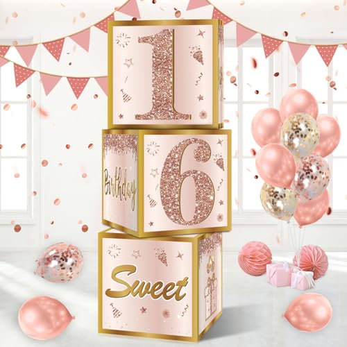 Guiruiy 3Pcs 16th Birthday Decorations Boxes for Girls Women - Pink Rose Gold Sweet 16 Balloons Party Supplies - Sweet Sixteen Theme Cardboard Box Decor
