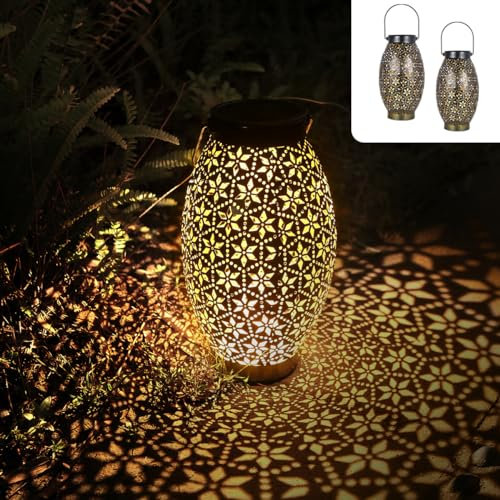 Görvitor Solarlaternen für Außen 2 Stück, LED Metall Solar Laterne für Draußen IP65 Wasserdicht, Hängend/Stehend Solarlampen für Außen Garten Vintage deko Balkon Terrasse Rasen Weihnachten (Schwarz)