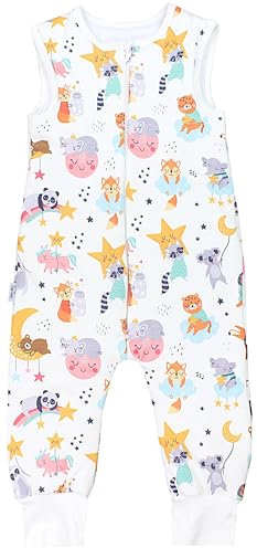 TupTam Baby Ganzjahresschlafsack mit Füßen - 2,5 TOG - OEKO-TEX - Unisex, Farbe: SHU05 Tiere Sterne Wolken Mond Panda Löwe Elefant Hase gelb rosa pastelltürkis, Größe: 116-122