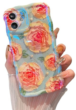 XIZYO Oil Painting Flower Case for iPhone 12, Pink Rose/Blue | Colorful Retro Style, Curly Wave Frame, Laser Glossy, Cute Aesthetic Floral Pattern, Slim Shockproof, Soft TPU, Girly Design