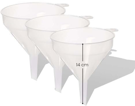3Pcs Clear Plastic Funnel for Filling Bottles or Containers 14cm for Kitchen - Handle & Slimline Neck for Transfer powder Liquid and Oils ideal for Garage & Labs