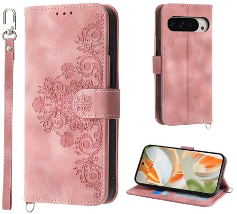Auslbin Cover per Google Pixel 9 Pro XL 5G 6.8, Slot a 5 Carte Custodia per Pixel 9 Pro XL 5G Protettiva in pelle PU Stile Fiore Vintage, Rosa