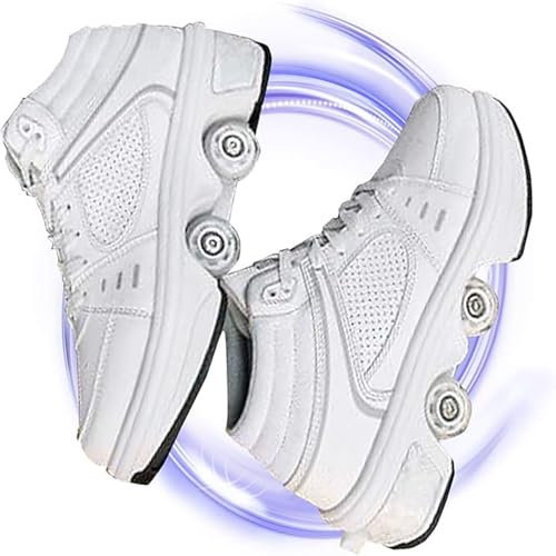 Rollschuhe Schuhe Mädchen,Schuhe mit Rädern für Jungen,Outdoor Skating Schuhe Erwachsene,Verstellbare 2 in 1 Trainer Skates,Walk Deformation Schuhe,Outdoor Running Schuhe,Weiß,34