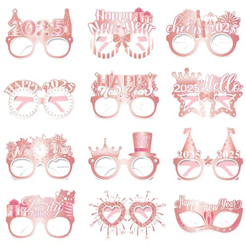 Lot de 12 décorations pour le Nouvel An 2025, pour le Nouvel An 2025, Happy New Year, lunettes en papier, thème du Nouvel An, accessoires photo, décoration de fête, rose