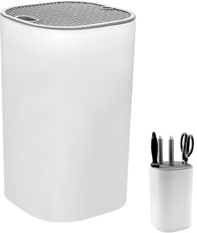 Ceppo Portacoltelli Senza Coltello, Ceppo Portacoltelli Quadrato, Organizer Multifunzionali, Porta Coltelli Cucina Organizer, con Fessure e Design di Scarico, per Riporre Coltelli, Bianco