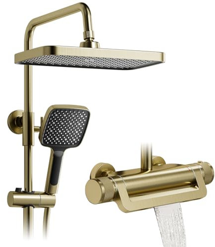 Colonne de douche,Ensemble de colonne de douche 3 en 1 avec pomme de Douche à effet pluie de 330 x 220 mm,Colonne de douche thermostatique Or brossé,Pommeau de douche réglable à 360°