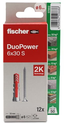 fischer - Duopower 6x30 Con Tornillo - 12U, Tacos para pared multimaterial, sirven para Colgar Bicicletas, Cuadros, Armarios, Soportes de Televisión, Estanterías, Muebles.