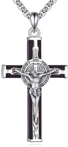 HUKKUN St Benedikt Halskette Männer Sterling Silber St. Benedikt Kreuz Medaille Holzkreuz Halskette San Benito Schmuck Geschenke für Männer