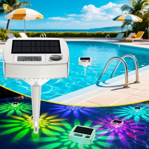 Termómetro de Piscina Digital Solar Flotante con Luz Nocturna RGB - Termómetro de Piscina Impermeable IP68 con Sensores Automáticos Día/Noche, 8 Modos de Luz y Control Manual