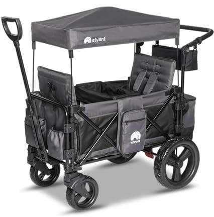 elvent® FamilyStar Comfort 2 Bollerwagen 2-Sitzer | Handwagen faltbar mit Dach, 5-Punkt-Gurt, Feststellbremse, 80 kg | Premium & Offroad X-Treme Räder (Offroad X-Treme)