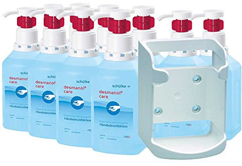 Schülke-Set, 10x 1000 ml Händedesinfektion desmanol care Hyclick + 1x Wandspender f. Vierkantflaschen