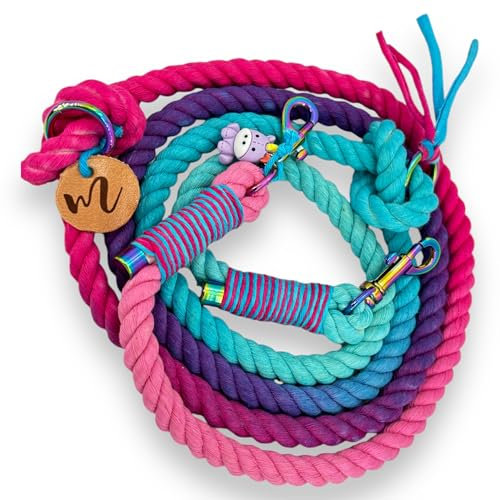 Matibuli Mini- Hundeleine Einhorn aus Baumwolltau, Tauleine, in der Farbe Rosa mit kleinen Regenbogen Karabiner für kleine bis mittelgroße Hunde bis 10Kg
