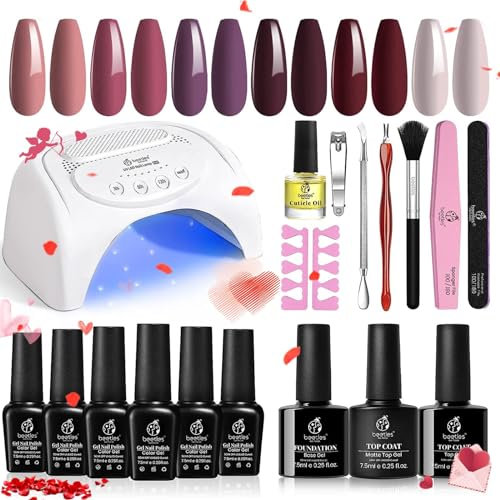 Beetles Gel Polish Starter Kit 6 Pcs Rose Petals Winter Gel Polish Set with 48W UV LED Nail Lamp Gel Nail Kit Base Gel Top Coat Peach Pink Purple Burgundy Red Gel Nail