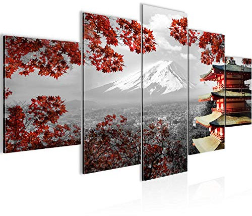 Runa Art Japon Tableau Murale Impression sur Toile Intissee 5 parties temple Gris rouge Chambre Salle 009153a